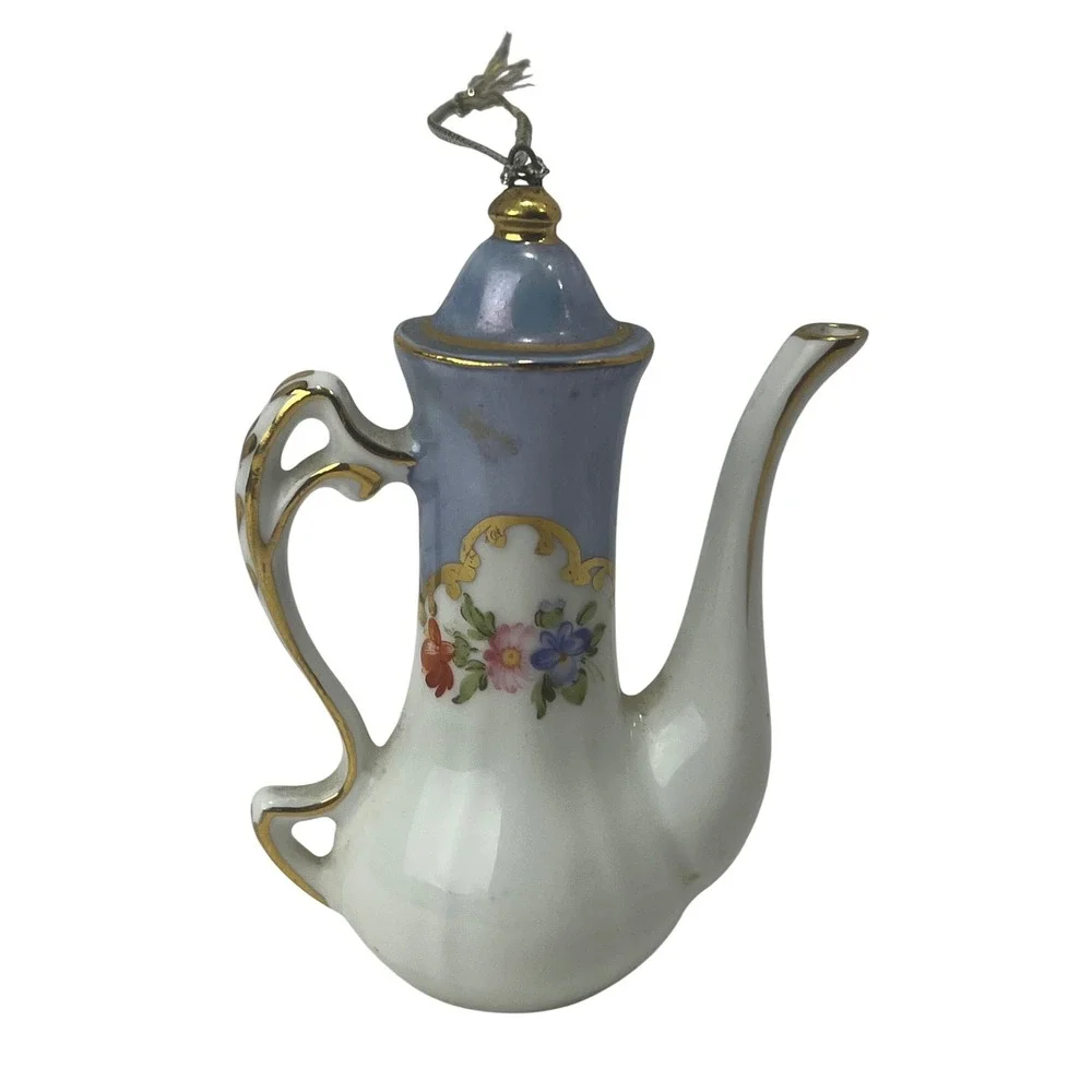 Cracker Barrel‎ Porcelain Miniature Tea Pot Blue White Floral Christmas Ornament